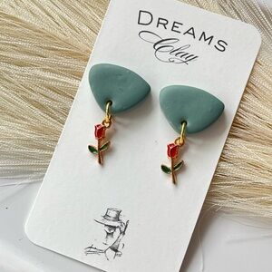 Handmade Mint Green Clay Earrings with Red Rose Charm